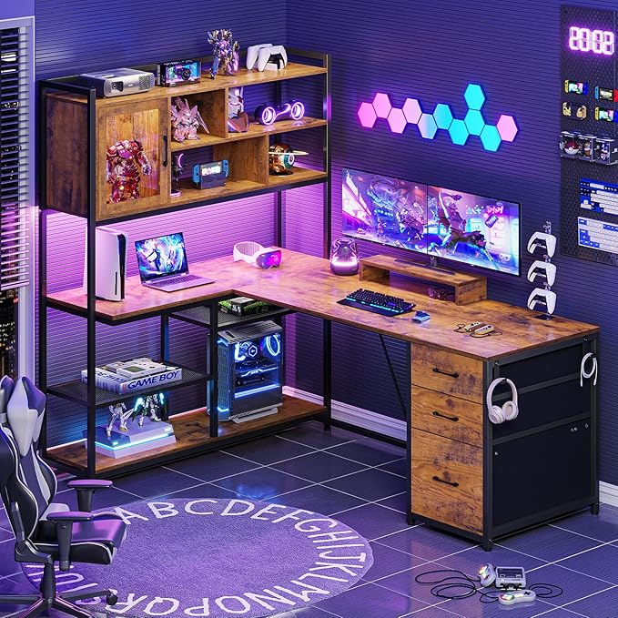 SEDETA L Shaped Computer Desk 58'' Office Desk with 3 Drawers and Bookshelf L Shaped Corner Desk with Storage Shelves and LED Light for Home Office Gaming Desk L Desk Rustic Brown