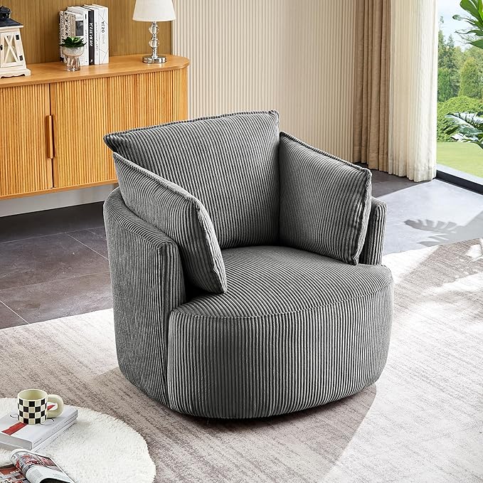 Swivel Accent ChairModern Accent Chairs for BedroomLiving Room Chair ComfyCorduroy Arm Chair360°Swivel Barrel Chairs for Living Room(1 Dark Gray)
