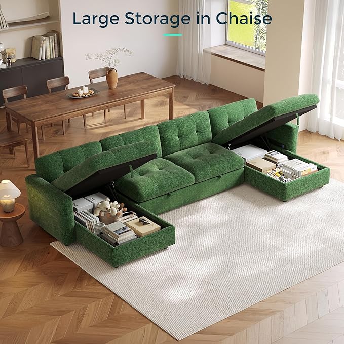 152 Oversized Sectional Sleeper Sofa with Pull Out Bed and Storage Chaise Convertible Sofa Bed with Memory Foam Topper Comfy U Shaped Modular Couches for Living Room Apartment Dorm Room Green
