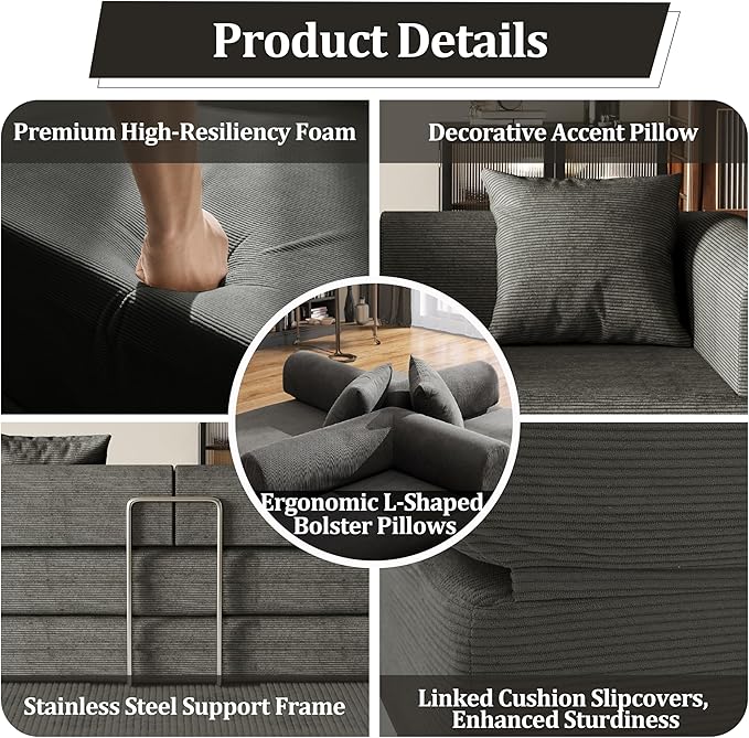 53.15'' Convertible Compressed Corduroy Folding Cloud Sofa Bed Modern Boneless Pull Out Loveseat Sleeper in a Box 4 in 1 Floor Mattress Futon Cloud Couch No Assembly Needed Grey 2 Pillows Full