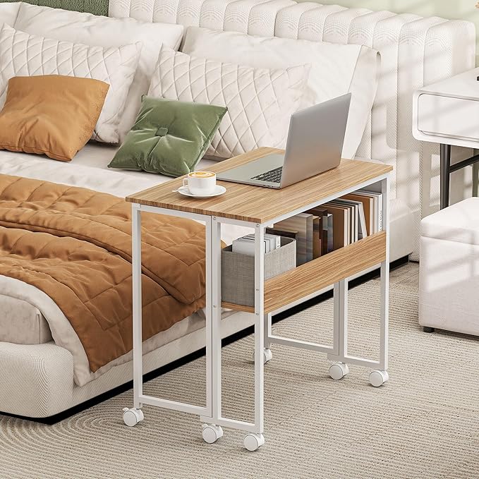 HOMCOM Small Folding Desk Rolling Computer Desk Foldable with Storage Bag and Shelf 31.5 Portable Writing Table on Wheels for Small Spaces Home Office Study Easy Assembly Natural Wood