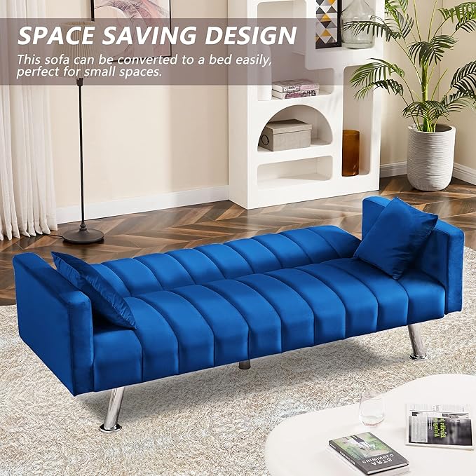 AWQM Sofa Bed Upholstered Convertible Folding Sofa Bed with 2 Pillows Sturdy Sleeper Couch with Wooden Frame and Metal Legs Comfortable Velvet Sofa Suitable for Living Room Bedroom Office (Blue)