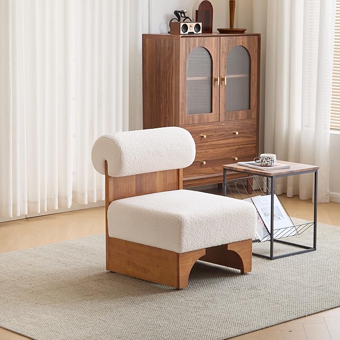 Christopher Knight Home Devon Modern Minimalist Boucle Fabric Upholstered Accent ChairWooden Lounge Chair with Rolled Backrest+Soft Padded SeatComfy Reading ChairLiving Room/Bedroom Beige+Natural