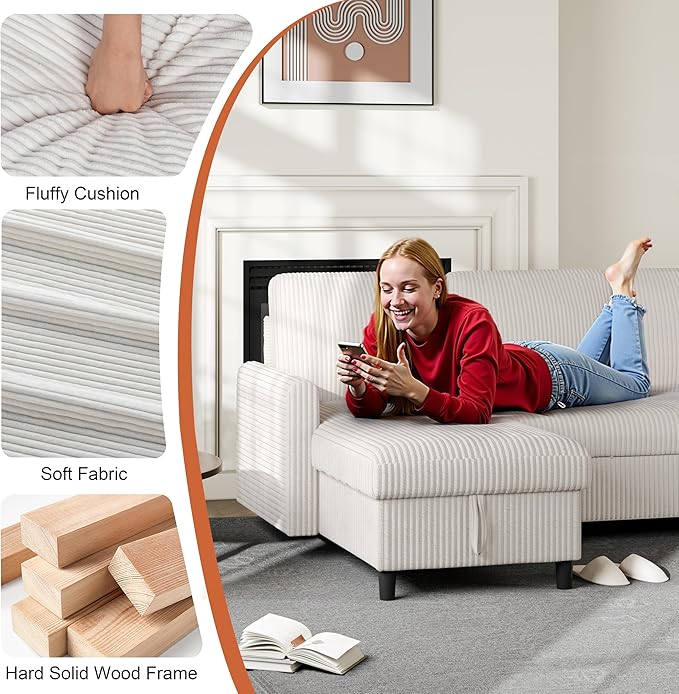 Sofa Bed Sleeper Pull Out 2 in 1 Sectional Sleeper Sofa Couches with Storage Pullout Sectional Couches for Apartment Living RoomWhite