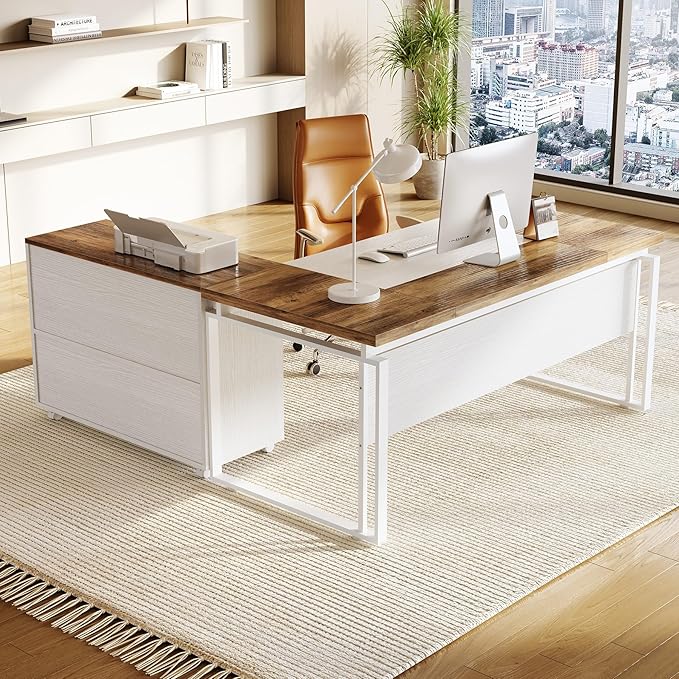 LITTLE TREE 63 L-Shaped Executive Office Desk with Reversible File Cabinet Large Modern Office Desk for Home Office 2-Drawer Wood File Cabinet for Hanging Letter Size Files(Oak Karo &amp White)