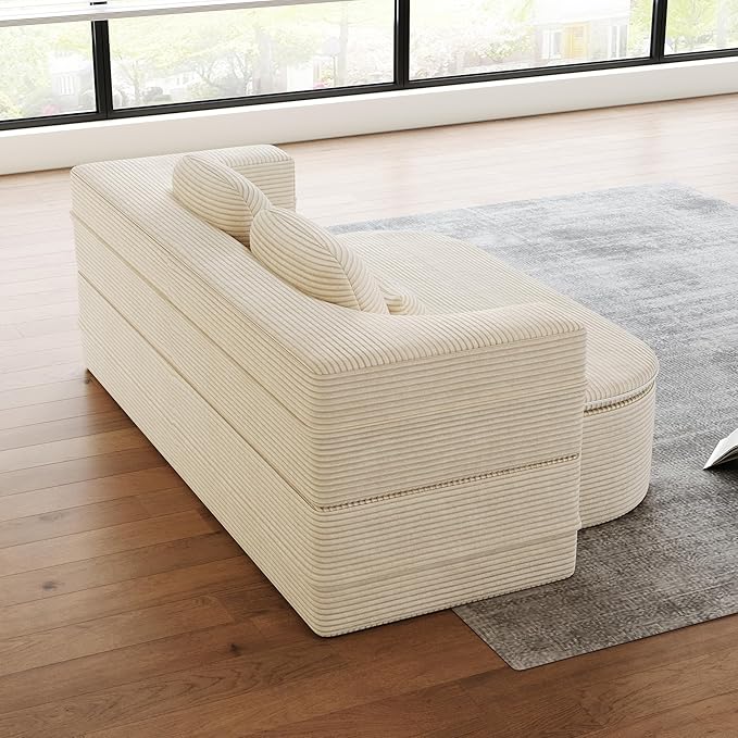 Convertible Folding Futon Sofa Bed 2-in-1 Corduroy Love seat Sleeper Sofa with Functional Blanket Foldable Full Size Guest Couch Bed with 4 Soft Pillows for Living Room (Beige)