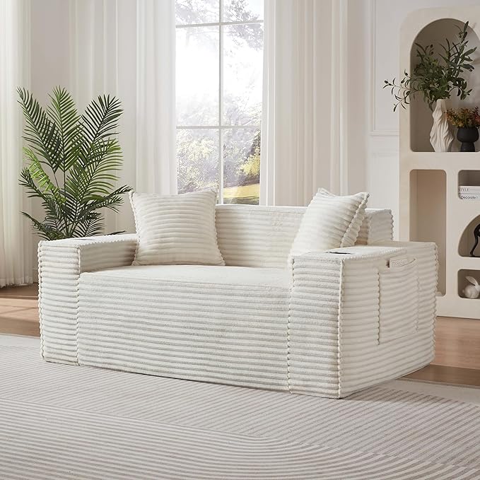 78'' Chenille Modular Loveseat White Boneless Loveseat with 2 Pillows Cloud Couch Love Seats for 2-Seater Upholstered Sectional Sofa for Living Room No Assembly Freely Combinable (61'' White)