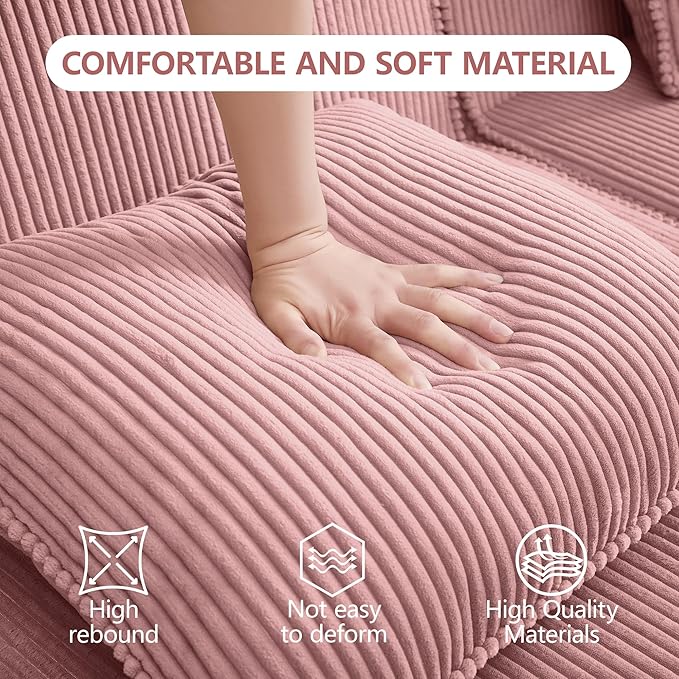 117.3 Corduroy Boneless Sectional Couch with High Density Memory Foam SofaCloud Sofa with Deep Seats and Wide Armrests3 Seater Pink Sofa for Living Room Apartments