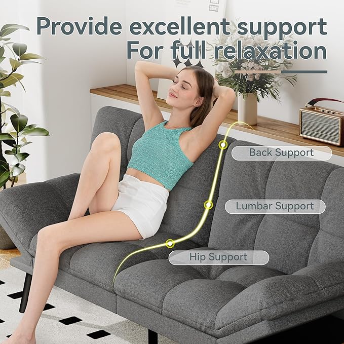 Futon Sofa Bed Convertible Couch Grey Linen Sofa Bed with Memory Foam Adjustable Backrest &amp Armrests Multifunctional Small Loveseat Sleeper Sofa for Living Room Apartment Office