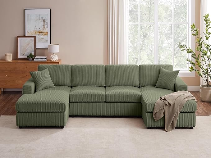 VANOMi 118'' U Shaped Sectional Sofa Couch Corduroy Fabric Modern Cozy Jumbo Size 4-Seater Living Room Couch Double Chaise Longue Olive