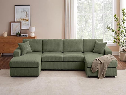 VANOMi 118'' U Shaped Sectional Sofa Couch Corduroy Fabric Modern Cozy Jumbo Size 4-Seater Living Room Couch Double Chaise Longue Olive