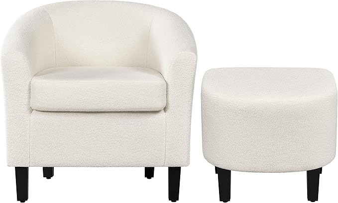 Topeakmart Sherpa Accent Chair with Ottoman Set Boucle Club Chair with Footrest Modern Cozy Recliner for Living Room/Bedroom Ivory