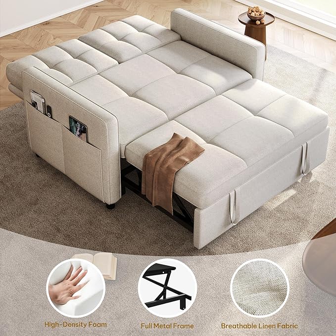 DWVO 55 Convertible Sofa Bed 3-in-1 Sleeper Sofa with Pull-Out Bed Linen Futon Couch with Adjustable Backrest and Side Pocket Modern Loveseat for Living Room Apartment Light Beige