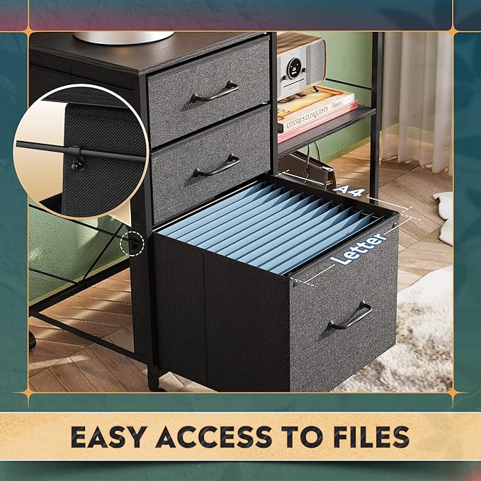 DEVAISE 3 Drawer Mobile File Cabinet Rolling Printer Stand with Open Storage Shelf Fabric Lateral Filing Cabinet fits A4 or Letter Size for Home Office Black