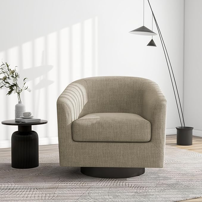 Swivel Barrel Accent Chair Modern Round Linen Arm Chair for Living Room Bedroom Comfy Club Reading Chairs for Adults（Linen Fabric Light Brown Set of 4