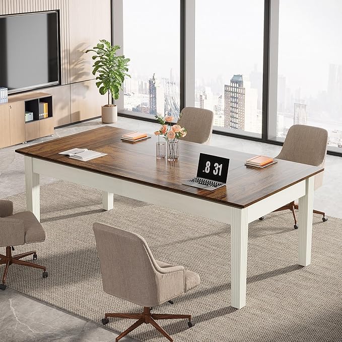 Tribesigns 62-Inch Computer Desk Large Office Executive Desk with Solid Wood Legs Modern Simple Laptop Desk Study Writing Table Workstation Furniture for Home Office Rustic Brown &amp Cream White