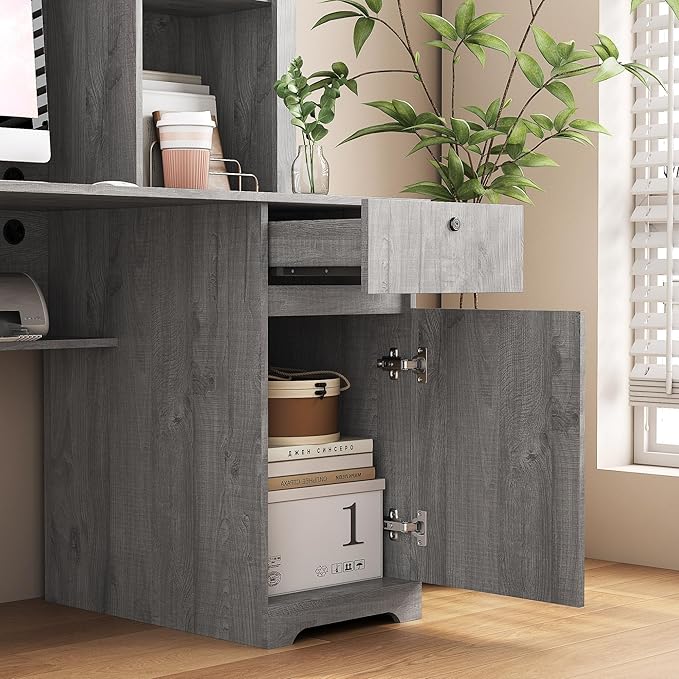 Computer Desk with Hutch BookshelfWood Executive Desk Teens Student Desk Writing Laptop Home Office Desk with Drawers3 AC Outlets and 2 USB Charging PortsStudy Laptop Table for Home