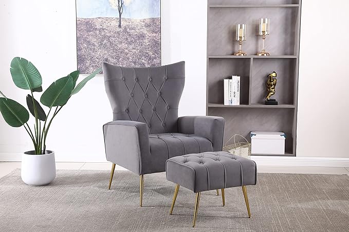 Modern Accent Chair with Ottoman Comfortable Armchair for Living Room Bedroom Apartment Office (Grey)
