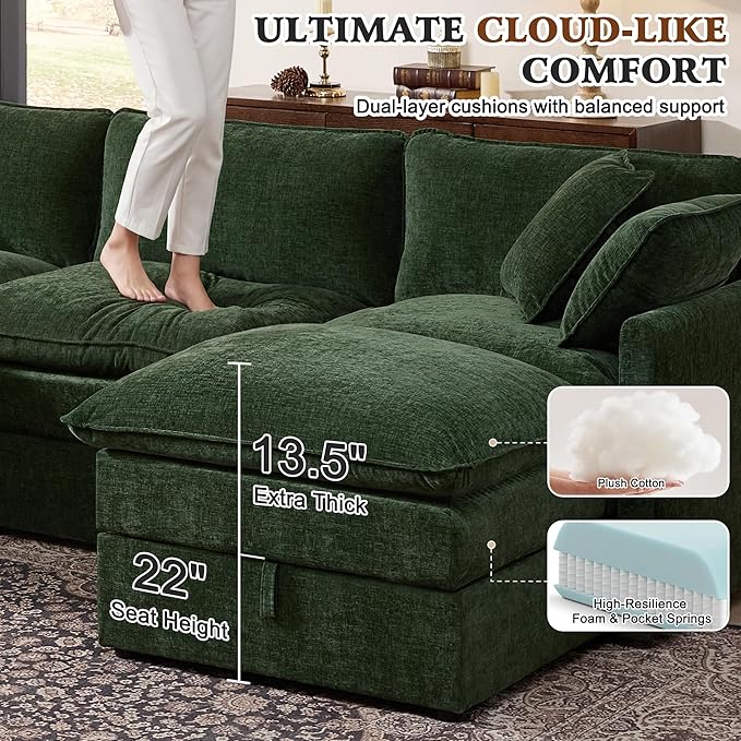 Ihanherry 103 Modular Sectional Sofa with Storage L Shaped Cloud Couch with Movable Ottomans &amp 4 Pillows Chenille Deep Seat Sectional Couches for Living Room Apartment (Green)