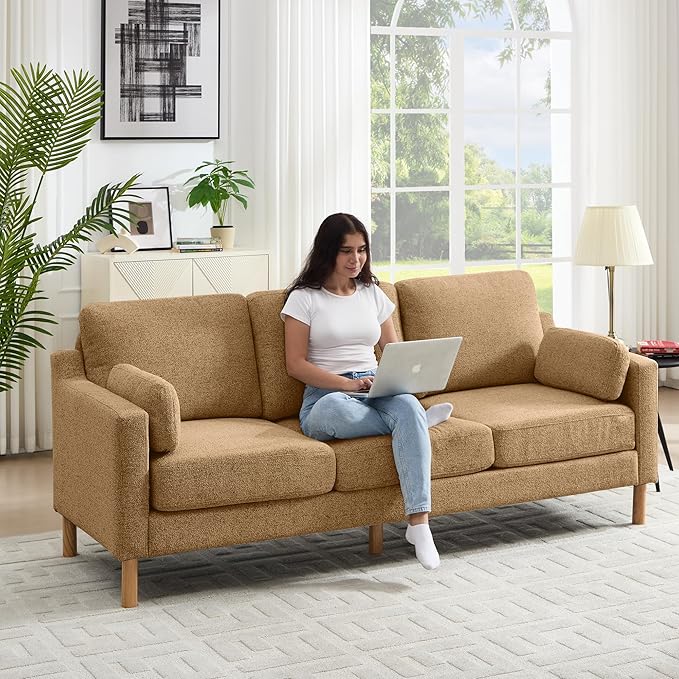 Tbfit 83.5 Linen Couch 3 Seater Mid Century Modern Sofa with Spring Cusions &amp Extra Deep Seat for Bedroom &amp Living Room Comfy Upholstered Couches Easy Assembly with Solid Wood Legs Ginger