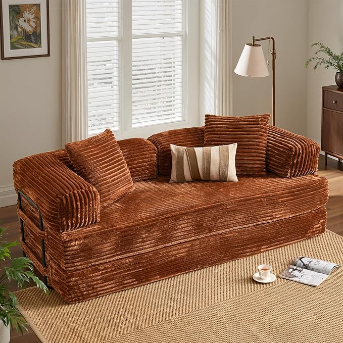 ovios 81 Folding Sofa Bed Foldable Sleeper Boneless Couch with Pull Out Beds Modular Convertible Floor Futon Loveseat Lounger for Living Room (Faux Fur Brown)