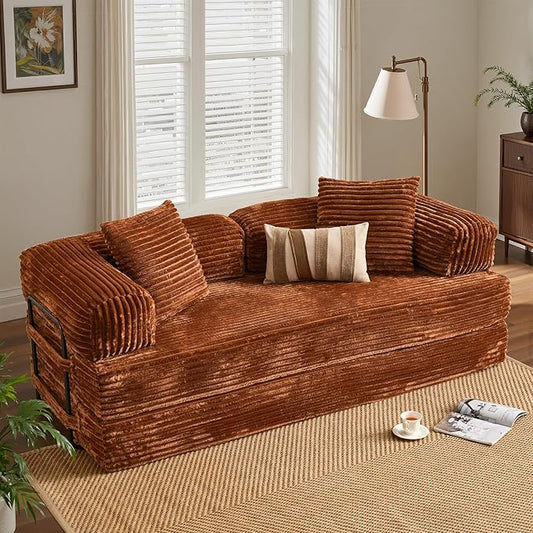 ovios 81 Folding Sofa Bed Foldable Sleeper Boneless Couch with Pull Out Beds Modular Convertible Floor Futon Loveseat Lounger for Living Room (Faux Fur Brown)