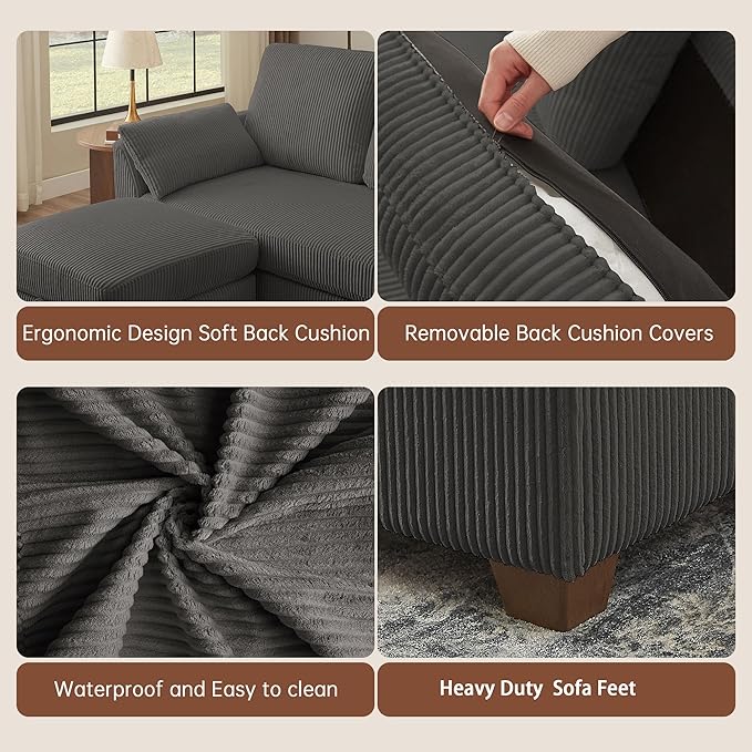 4-Seater U Shaped Sofa with 2 Storage Ottomans Comfortable Corduroy Fabric Convertible Sectional Couch with 2 Pillows Modern Couches for Living Room (Dark Grey)
