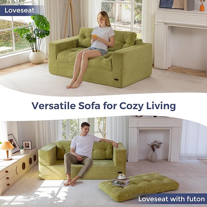 MAXYOYO 63 Boneless Sofa Couch 2-Seater Cloud Couch Floor Loveseat for Small Space with Pillows Tufted Floor Sofa with Layered Cushion for Apartment &amp Lounge No Assembly Required Green