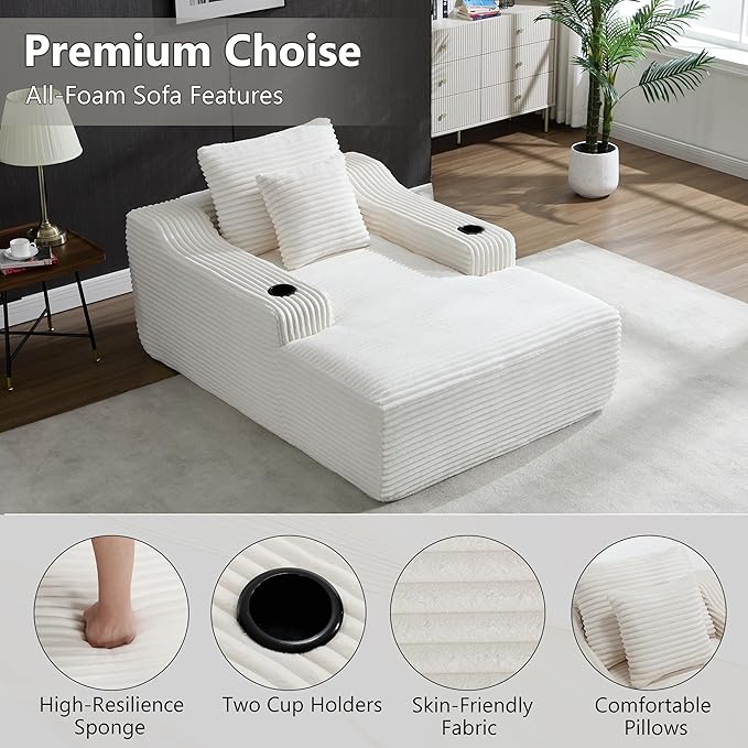 PELUMY 67 Oversized Chaise Lounge Sofa Bed Corduroy Boneless Sleeper Sofa with 2 Pillows &amp 2 Cup Holders Plush Cloud Couch for Living Room No Assembly Required (White)