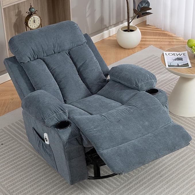 360° Swivel Rocking Chair Rocker Recliner Chair with Vibration Massage and Heat Ergonomic Lounge Chairs with Rocking Function and Side Pocket Cup Holders Blue
