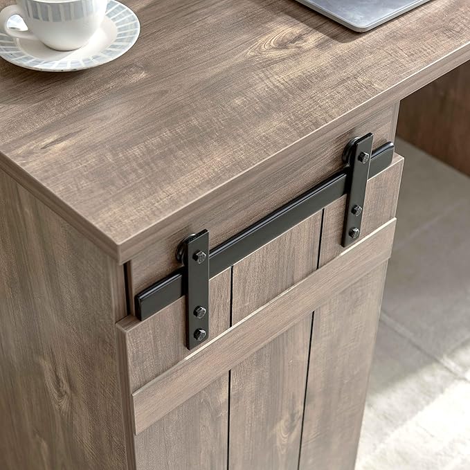 Home Office Desk Hazelnut One Cabinet Three Shelves Faux Barn Door on Metal Euro Hinges Modesty Panel