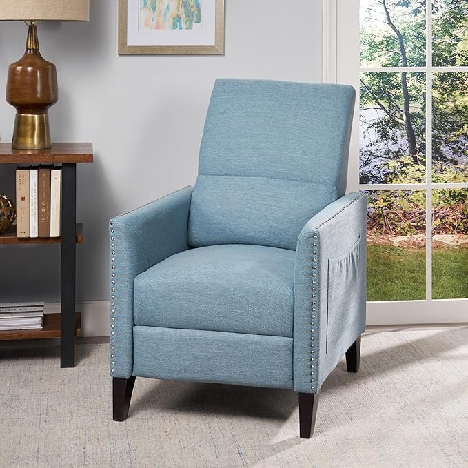Mid-Century Fabric Rocker Recliner Chair with Tufted Design Adjustable Single Recliner Sofa with Thicker Seat Cushion with Pocket for Living Room Bedroom Apartment (Light Blue Style2)