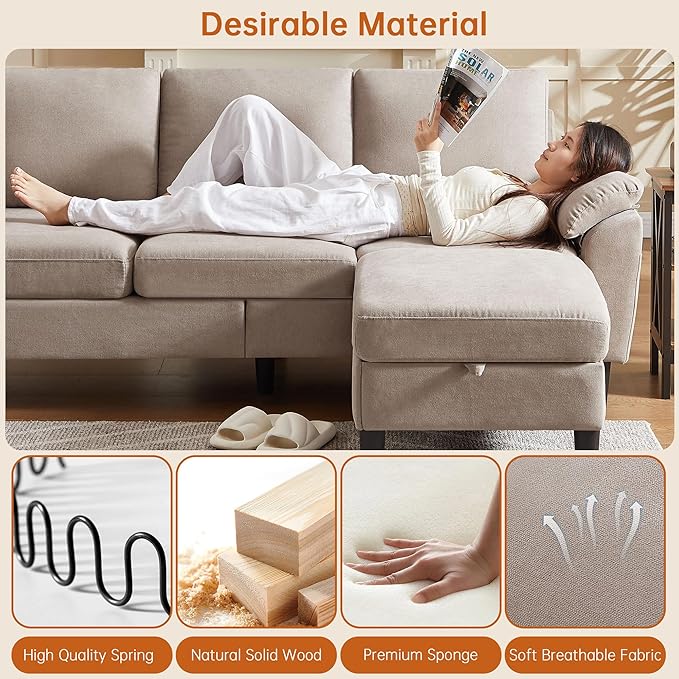 Convertible Sectional Sofa Couch with Ottoman 79 Modern L Shaped 3 Seat Sofa Linen Fabric Small Sectional Couch with Movable Storage Ottoman for Small Spaces Living Room (Beige)