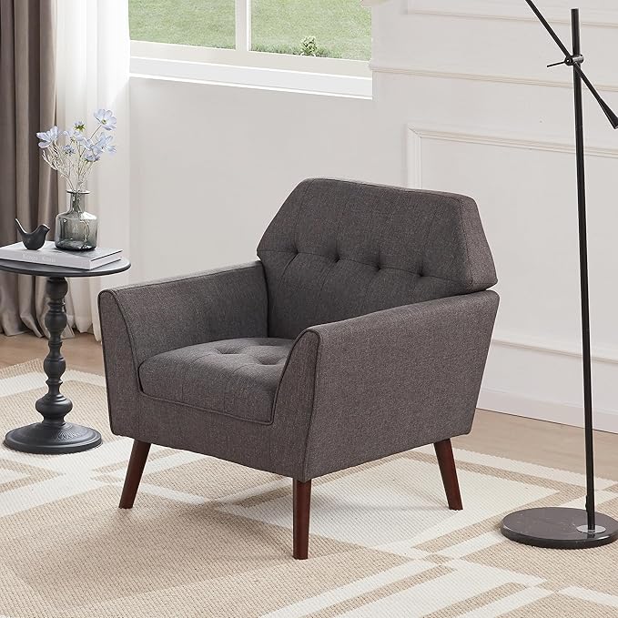 Kingfun Accent Chairs for Bedroom Midcentury Modern Accent Arm Chair for Living Room Linen Fabric Comfy Reading Chair Tufted Comfortable Sofa Chair Upholstered Single Sofa Grey