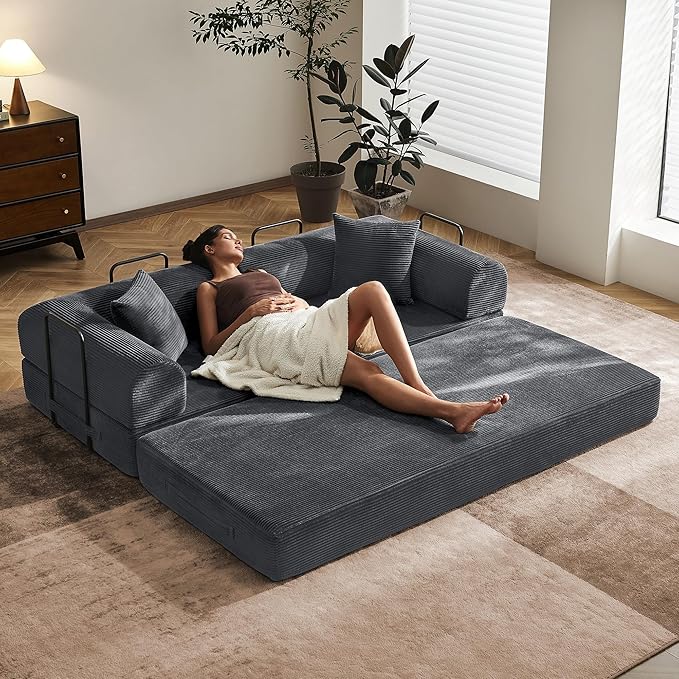 79 Floor Sofa Bed 5-in-1 Convertible Sleeper Sofa with Removable Armrests Corduroy Fabric Sofa Couch No Assembly Required for Living Room Dorm Studio (Dark Gray)