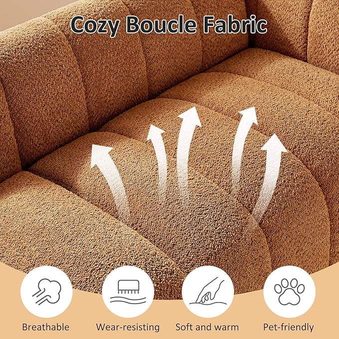 VANOMi 82.68 Oversized Boucle Sofa for Living Room Modern Upholstered Tufted Cloud CouchComfy 3 Seater Deep Seat Sofa with Wood Legs for Apartment Reception RoomCurry