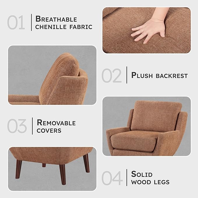 Lexicon Modern Wingback Accent Chair Chenille Fabric Upholstered Lounge Reading Arm Chair Solid Wood Legs for Living Room Bedroom Supportive Padded Pocket Coil Seat Easy Assembly Orange