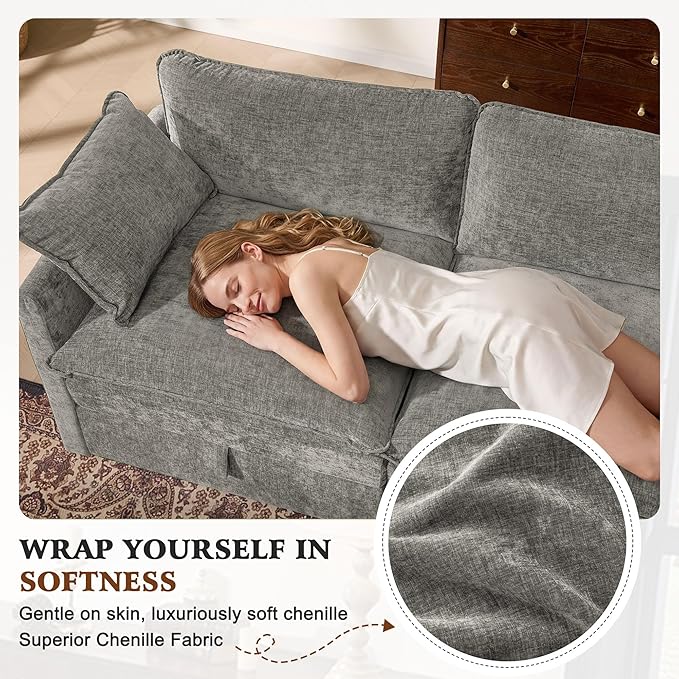 Ihanherry Oversized Sectional Sofa Bed with Storage 103 6-Seater Modular Cloud Couch with Movable Ottomans Chenille Deep Seat Sleeper Couches for Living Room (Grey)