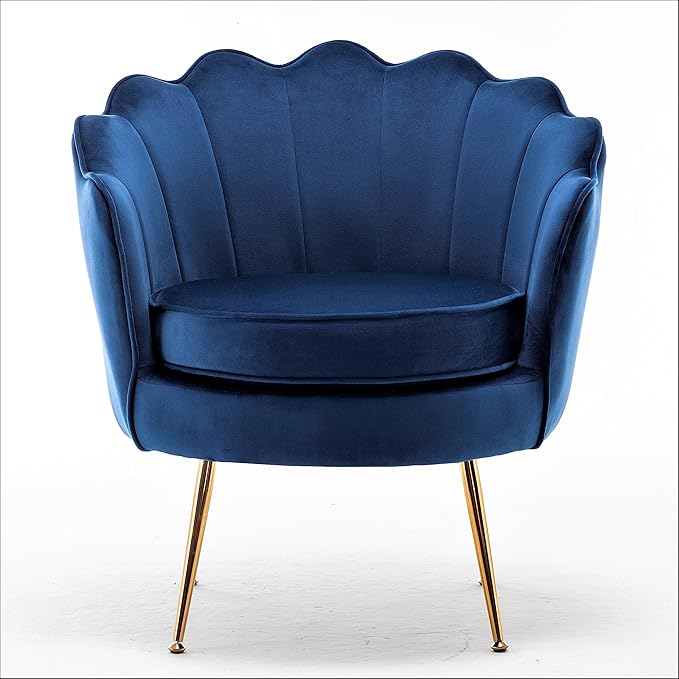 Velvet Barrel Accent Chair with Scalloped Silhouette and Gold Metal Legs Decorative Piece Suitable for Traditional Modern and Contemporary Spaces Navy Blue