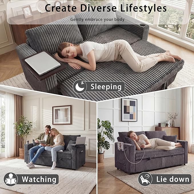 65'' Convertible Sofa Bed3-in-1 Pull Out Couch with USB Charging Port &amp Swivel Side TableCorduroy Fabric Loveseat Sleeper Couches with Adjustable Backrest for Living RoomEasy AssemblyGrey