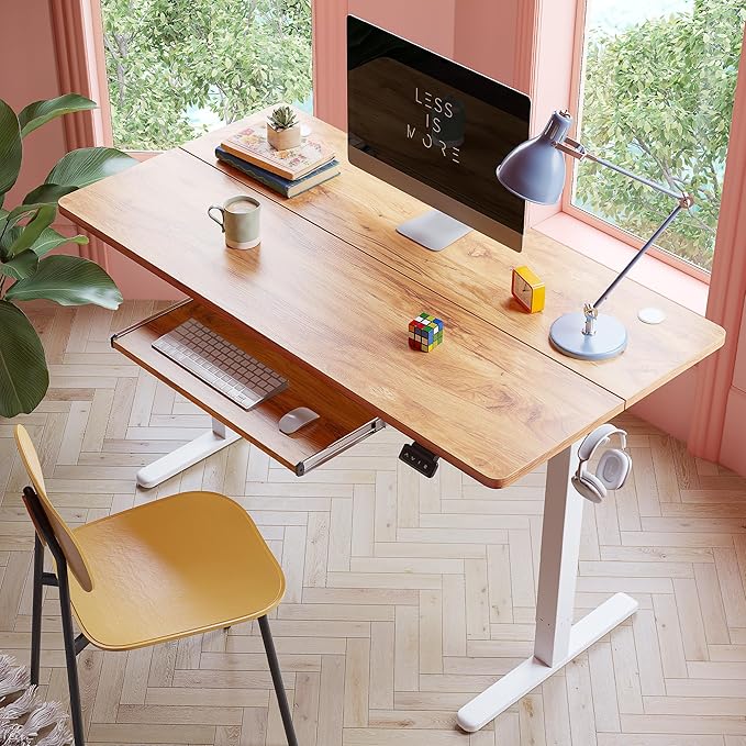 FEZIBO Standing Desk with Keyboard Tray 48 x 24 Inch Adjustable Height Sit Stand Desk with Memory Presets for Home Office Ergonomic Computer Workstation Light Rustic