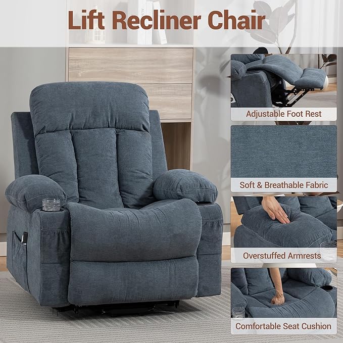 Power Lift Recliner Chair for Elderly People w/Vibration Massage and Lumbar Heat Lift Chair for Adult w/Cup Holder USB Charge Port for Living Room Bedroom Blue