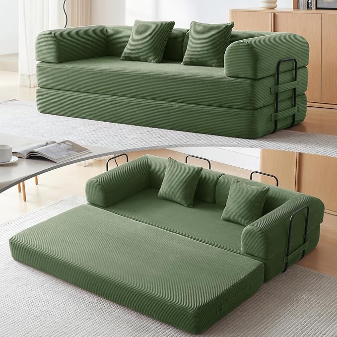 Convertible Floor Sofa Bed with Fixed-Shape Frame King Size Floor Sleeper 5-in-1 DIY Combination Modular Sofa Modular Chenille Folding Mattress Couch for Living Room Bedroom Playroom (Green)