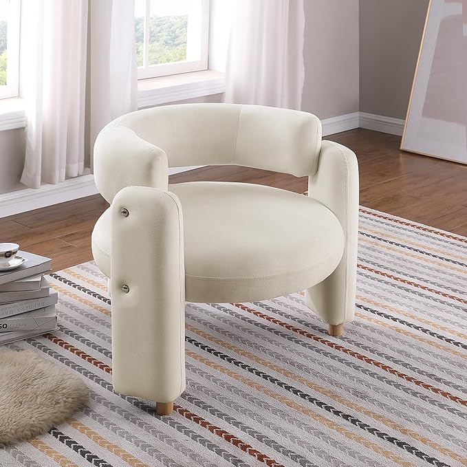 Oversized Armchair Mid-Century Reading Accent Chair Round Velvet Chair Modern Single Sofa Arm Chair for Living Room Bedroom Apartment Office (Beige)