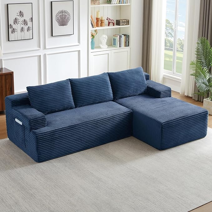 Boneless Couch Corduroy Cloud Sofa 96'' Sectional Couches Deep Seat L-Shaped Sofa No Assembly Pet-Friendly Apartment Couch for Living Room Small Spaces in a Box
