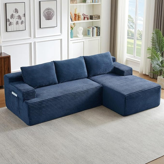 Boneless Couch Corduroy Cloud Sofa 96'' Sectional Couches Deep Seat L-Shaped Sofa No Assembly Pet-Friendly Apartment Couch for Living Room Small Spaces in a Box