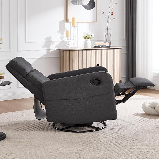 Swivel Rocking Recliner Chair for Adults Rocker Nursery Glider Chair for Living Room Bedroom Upholstered Fabric Reclining Single Sofa Chair(Grey)