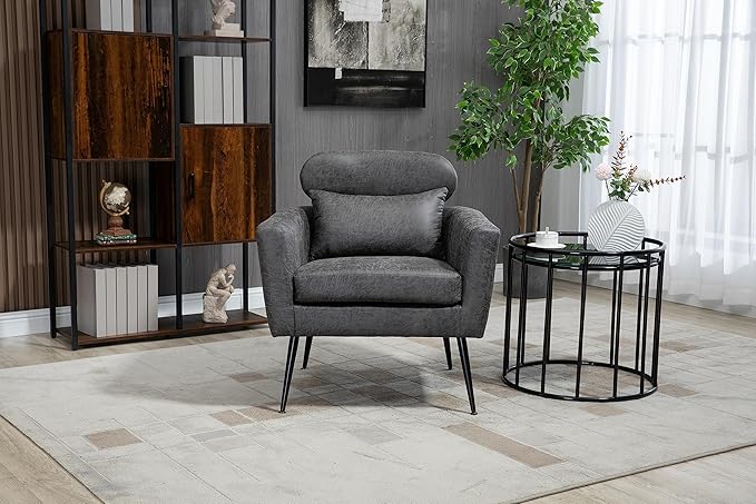 29.5W Classical Accent Chair Armchair Upholstered Reading Chair Single Sofa Leisure Club Chair with Black Metal Leg and Throw Pillow for Living Room Bedroom Dorm Room OfficeValley Gray BronzingSuede