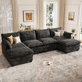 Modular Sectional U Shaped Sofa Couches for Living Room Cloud Couch with Movable Ottoman Comfy Chenille Sofa with Pillow for Bedroom and ApartmentBlack