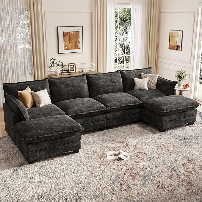 Modular Sectional U Shaped Sofa Couches for Living Room Cloud Couch with Movable Ottoman Comfy Chenille Sofa with Pillow for Bedroom and ApartmentBlack